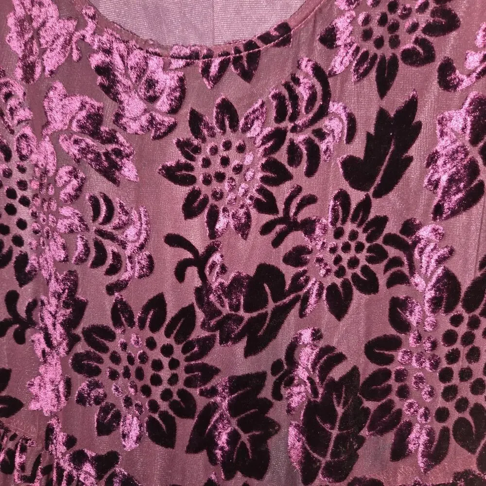 VTG Katy D Deep Maroon Babydoll Velour Velvet Burnout Dress PLUS 18/20 Floral
